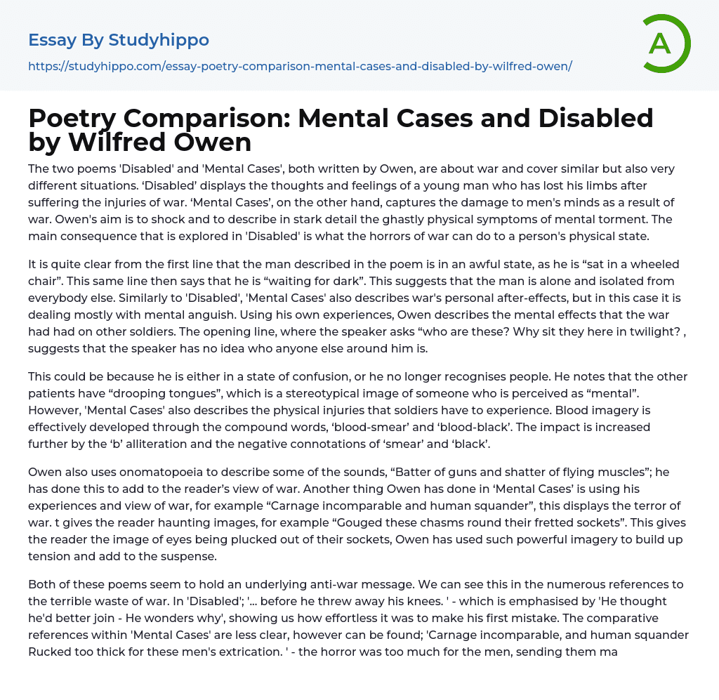 Poetry Comparison: Mental Cases and Disabled by Wilfred Owen Essay Example