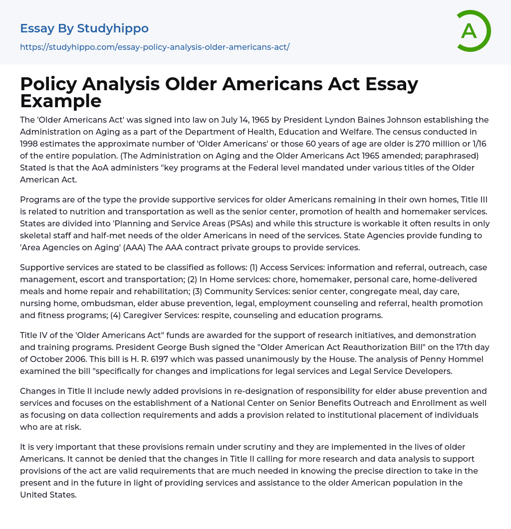 Policy Analysis Older Americans Act Essay Example