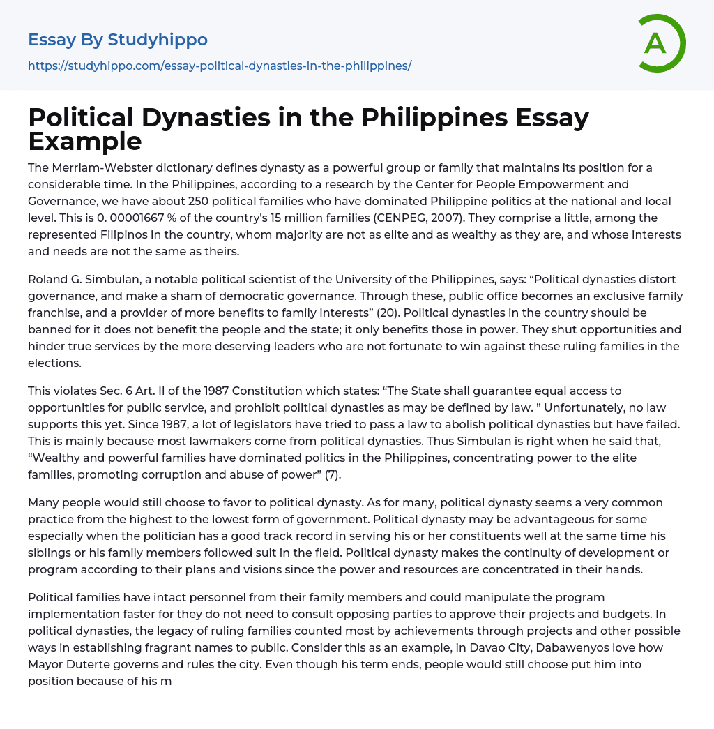 Political Dynasties in the Philippines Essay Example