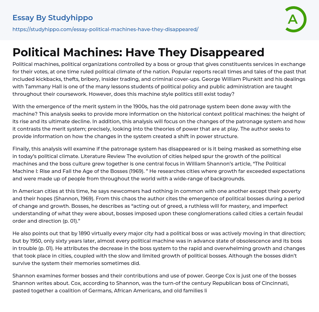 Political Machines: Have They Disappeared Essay Example