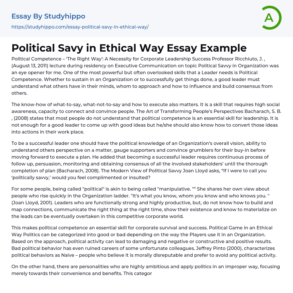 Political Savy in Ethical Way Essay Example