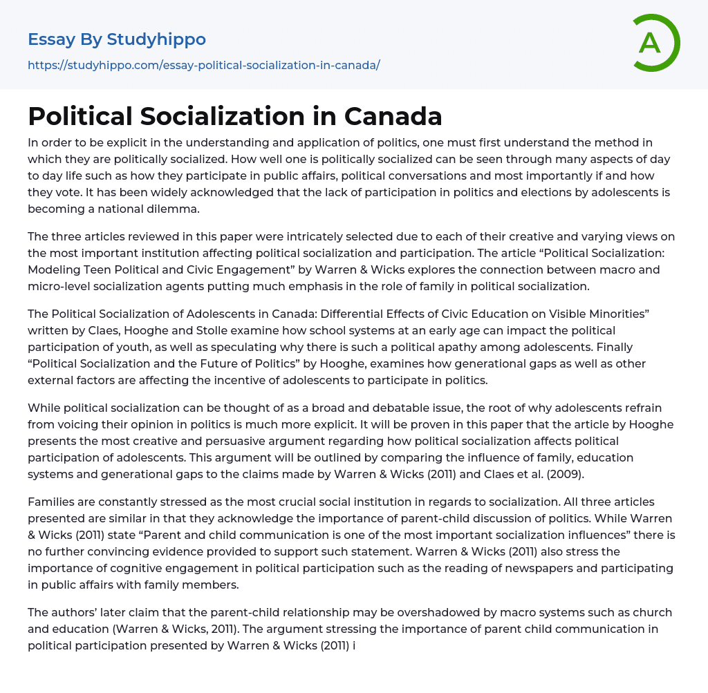 Political Socialization in Canada Essay Example