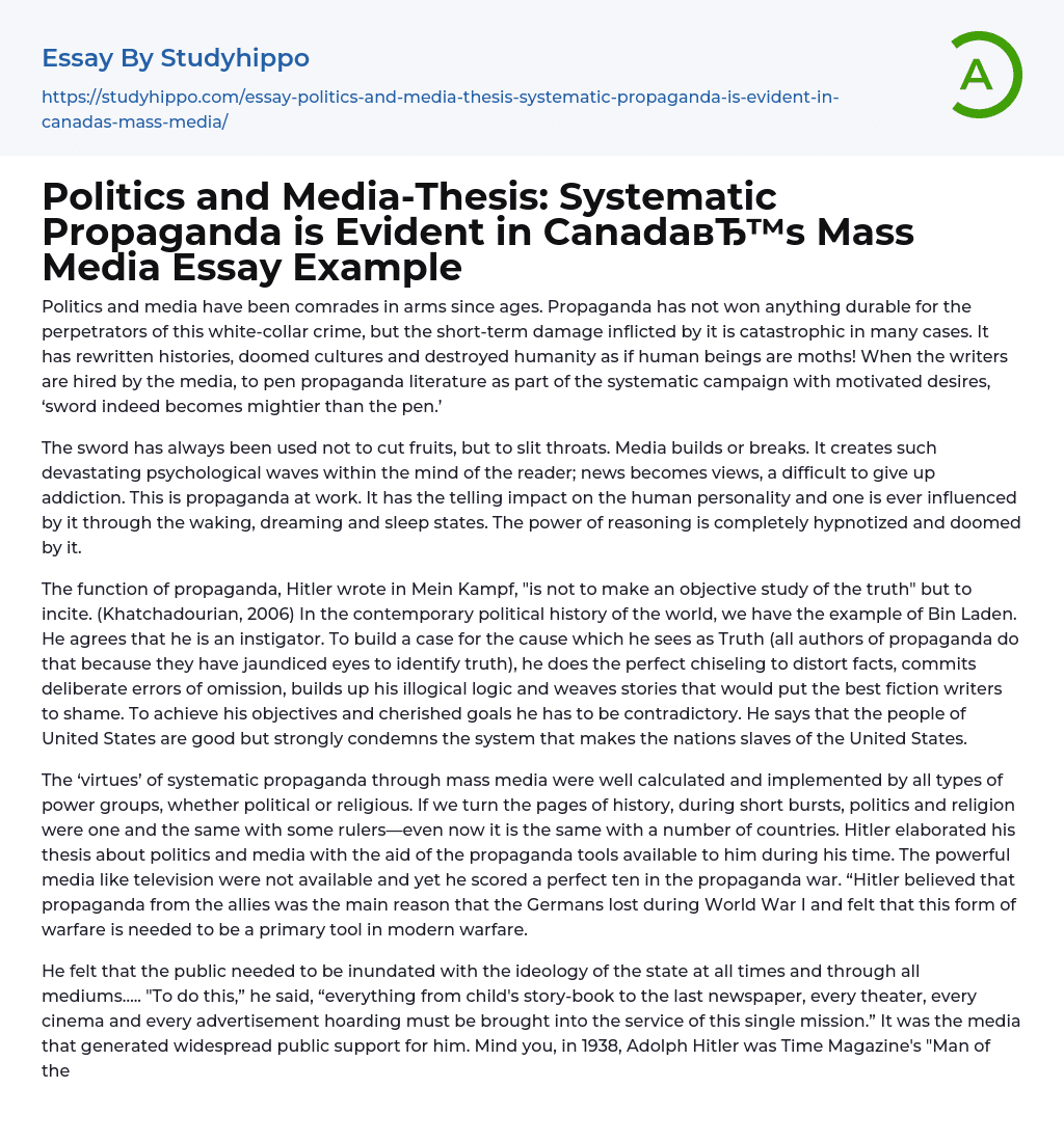 Politics and Media-Thesis: Systematic Propaganda is Evident in Canada’s Mass Media Essay Example