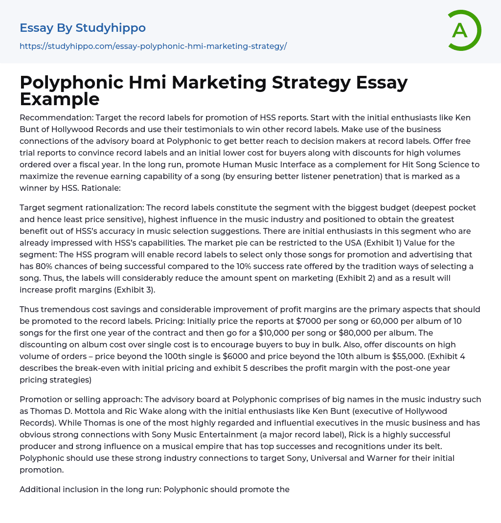Polyphonic Hmi Marketing Strategy Essay Example