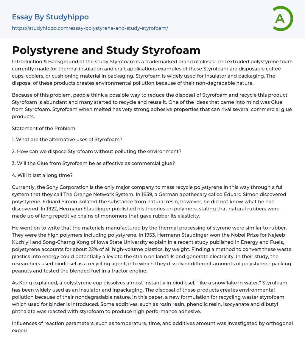 Polystyrene and Study Styrofoam Essay Example