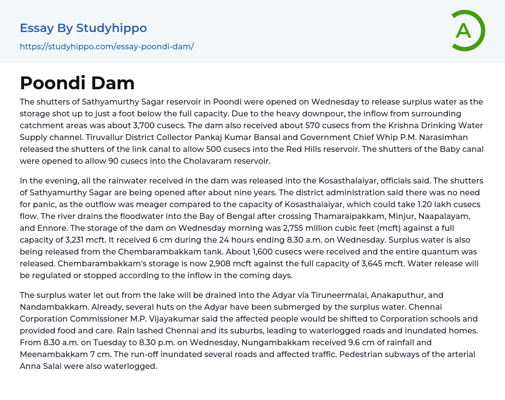 Poondi Dam Essay Example