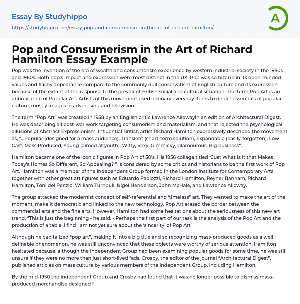Pop and Consumerism in the Art of Richard Hamilton Essay Example