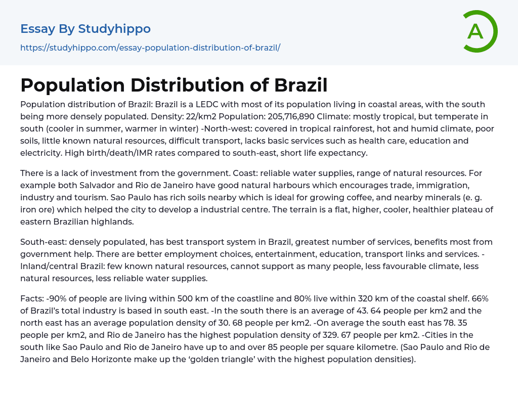 Population Distribution of Brazil Essay Example