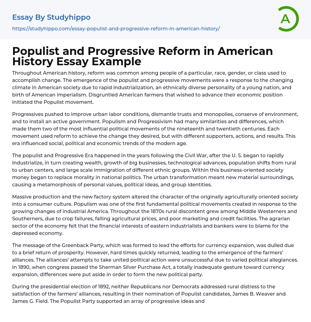 Populist and Progressive Reform in American History Essay Example