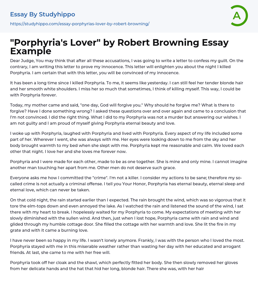 “Porphyria’s Lover” by Robert Browning Essay Example