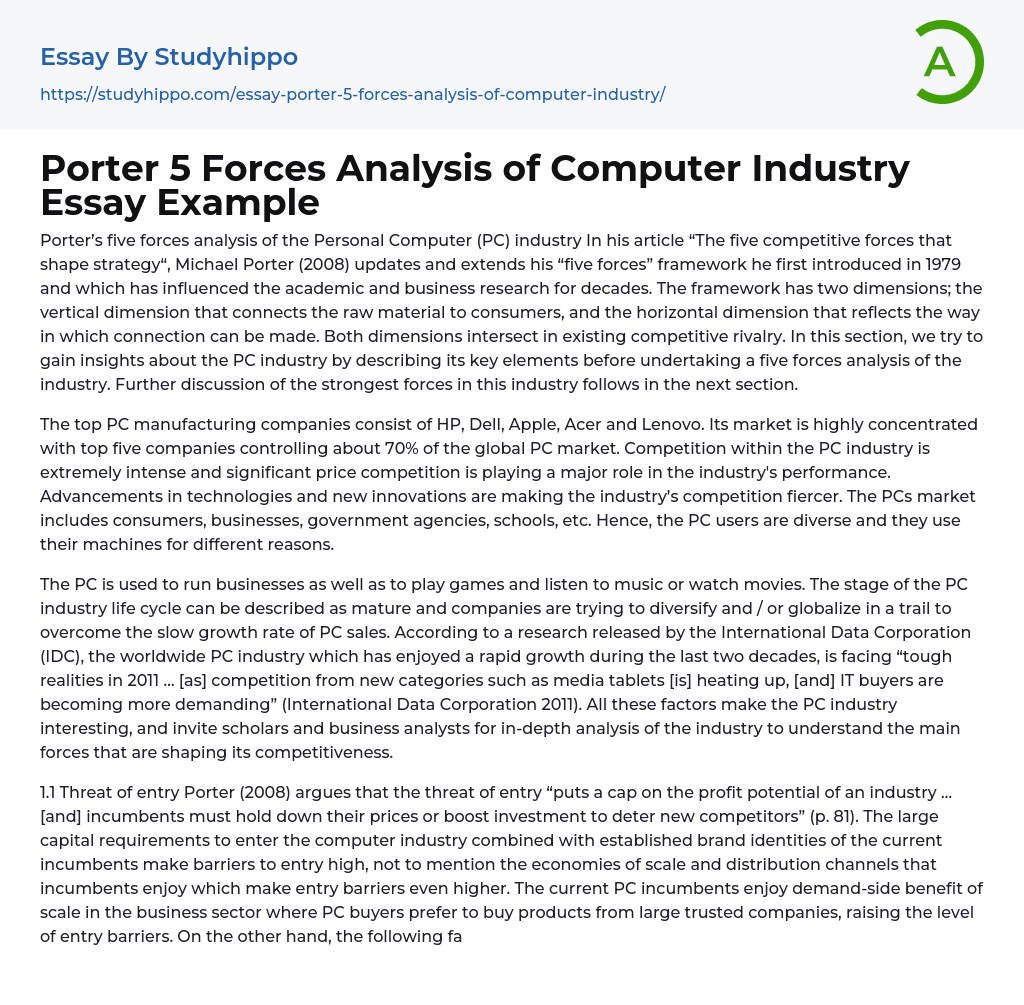 Porter 5 Forces Analysis of Computer Industry Essay Example