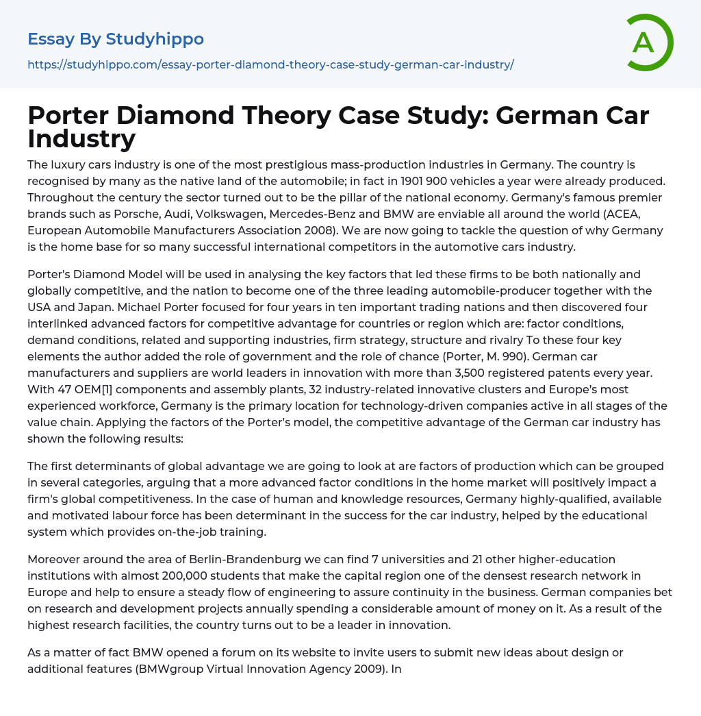 Porter Diamond Theory Case Study: German Car Industry Essay Example