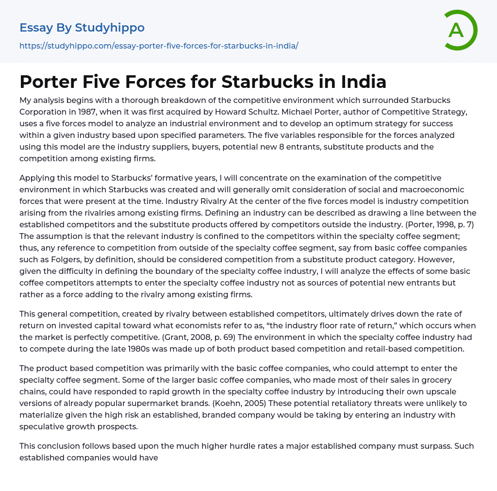Porter Five Forces for Starbucks in India Essay Example