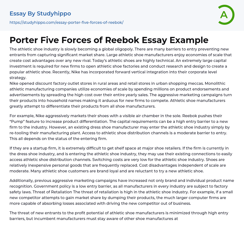 Porter Five Forces of Reebok Essay Example