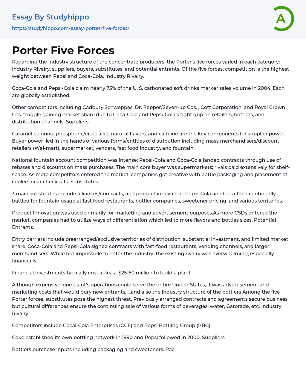 Porter Five Forces Essay Example