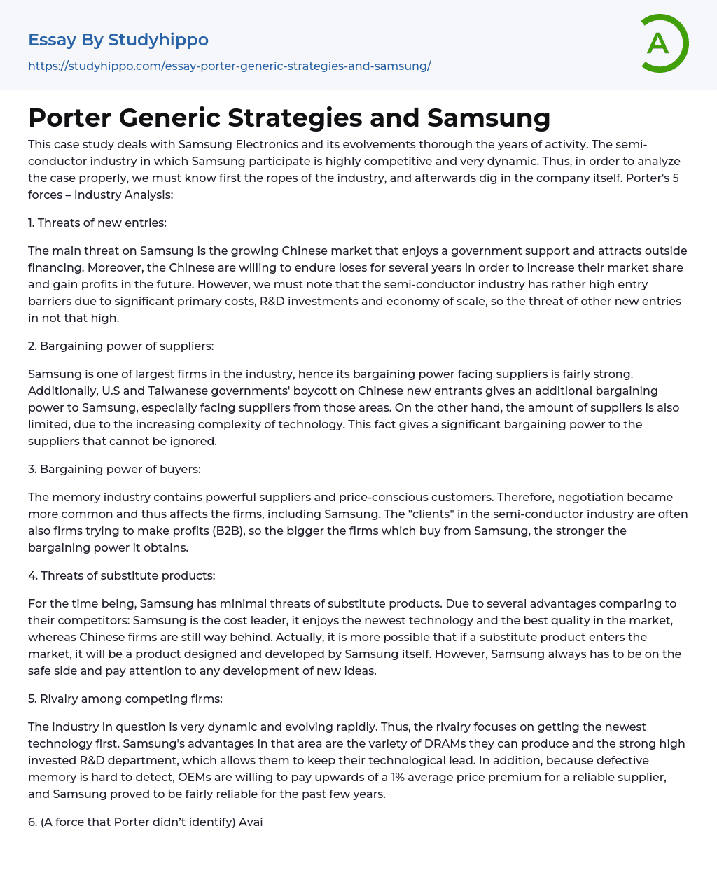 Porter Generic Strategies and Samsung Essay Example