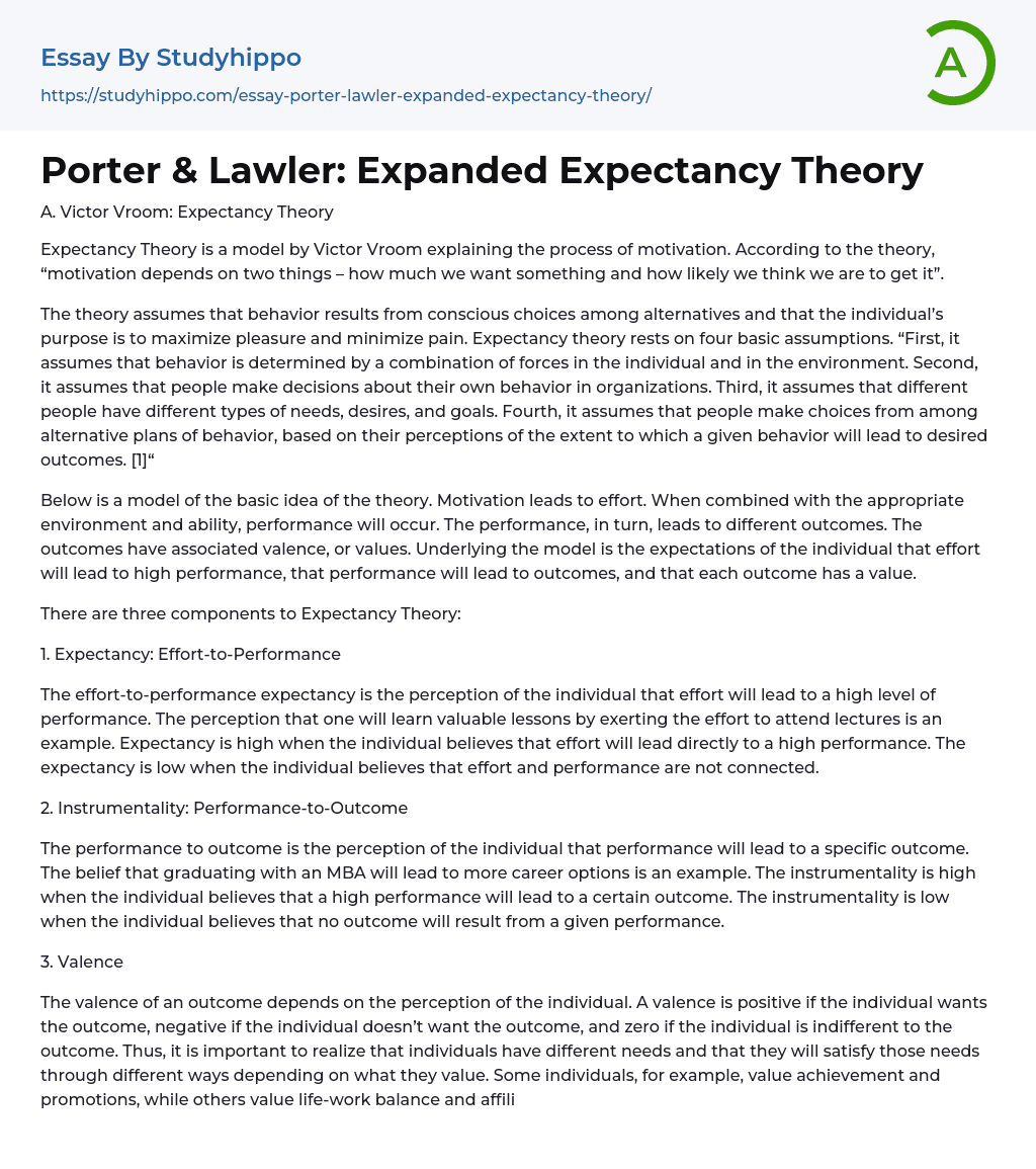 Porter & Lawler: Expanded Expectancy Theory Essay Example