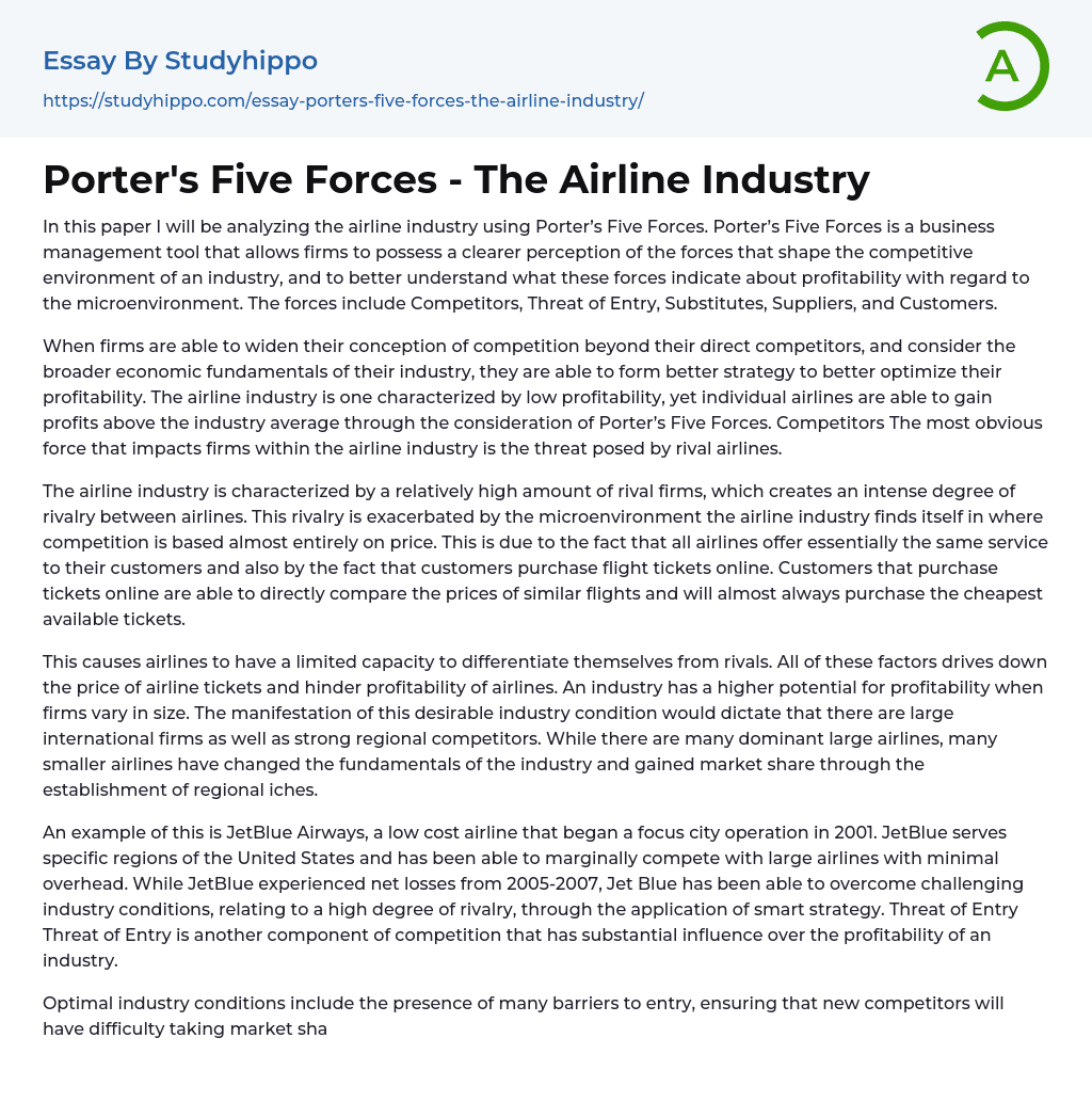 Porter’s Five Forces – The Airline Industry Essay Example