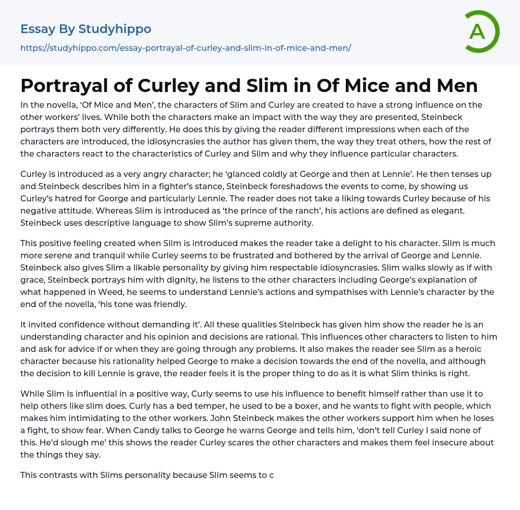 Portrayal of Curley and Slim in Of Mice and Men Essay Example