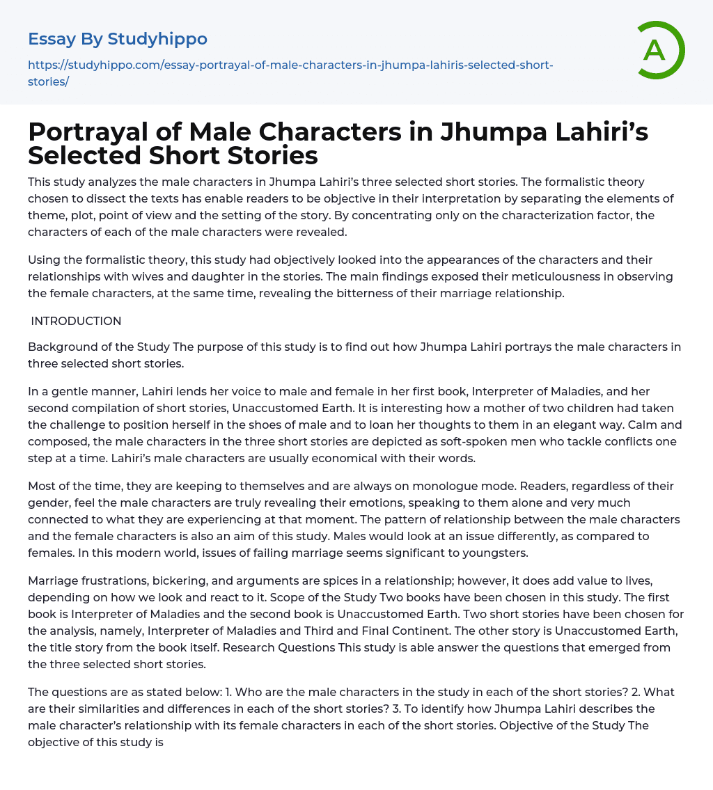 Portrayal of Male Characters in Jhumpa Lahiri’s Selected Short Stories Essay Example