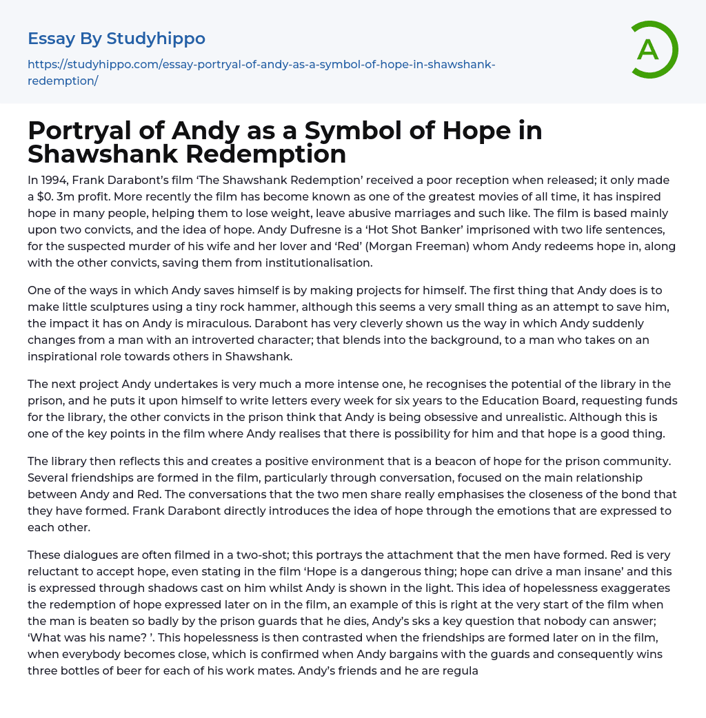 Portryal of Andy as a Symbol of Hope in Shawshank Redemption Essay Example