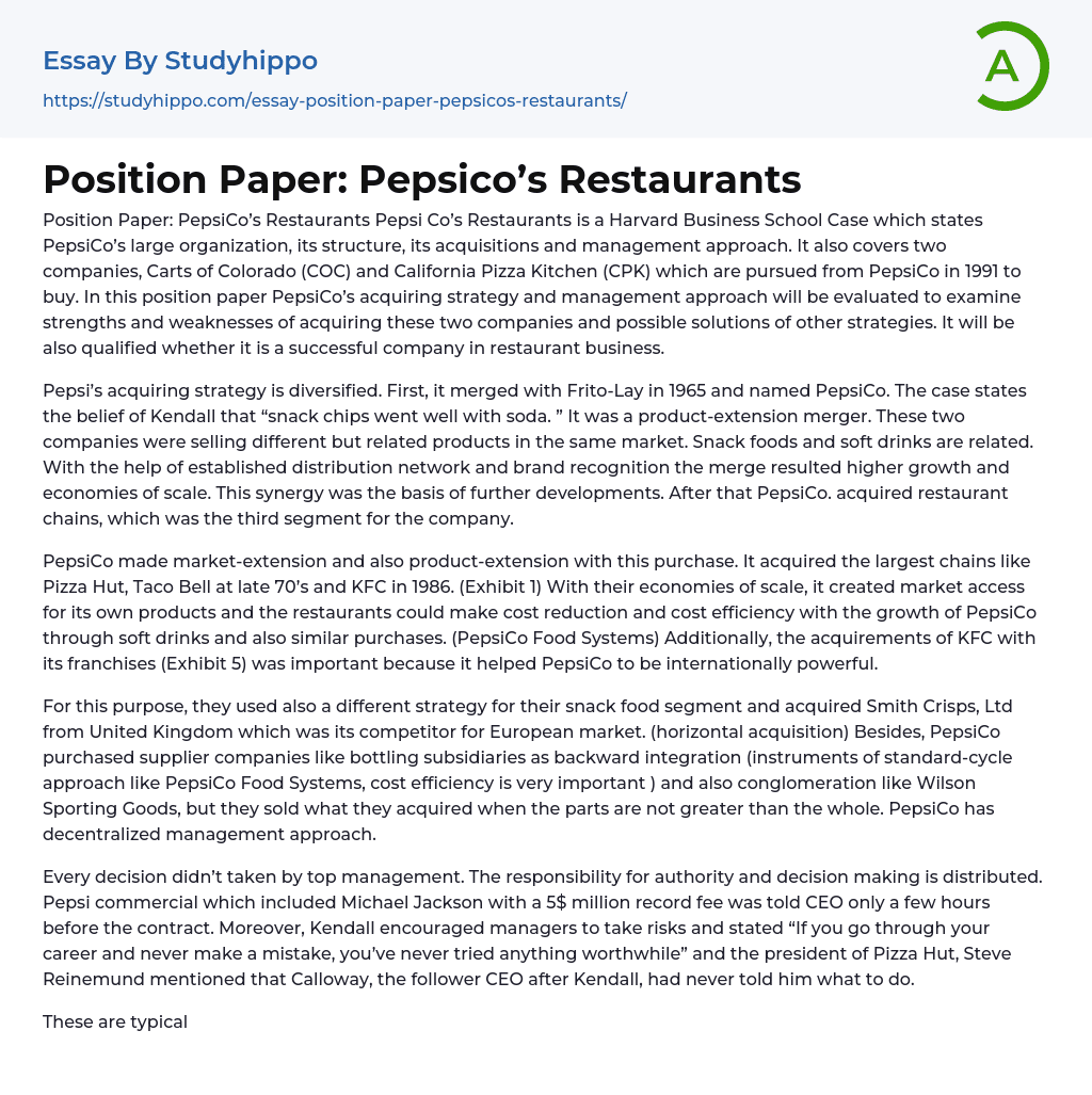 Position Paper: Pepsico’s Restaurants Essay Example