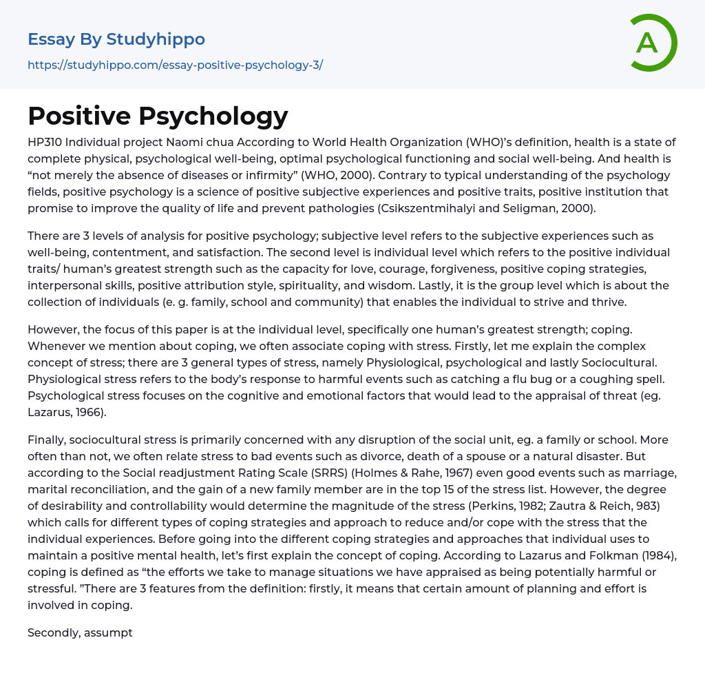 Positive Psychology – Positive Human Development Essay Example
