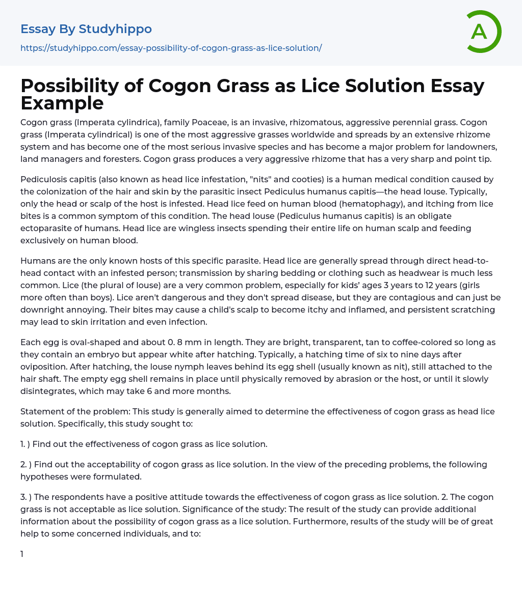 Possibility of Cogon Grass as Lice Solution Essay Example