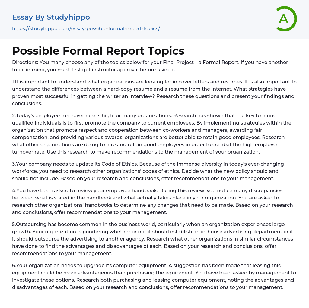 Possible Formal Report Topics Essay Example