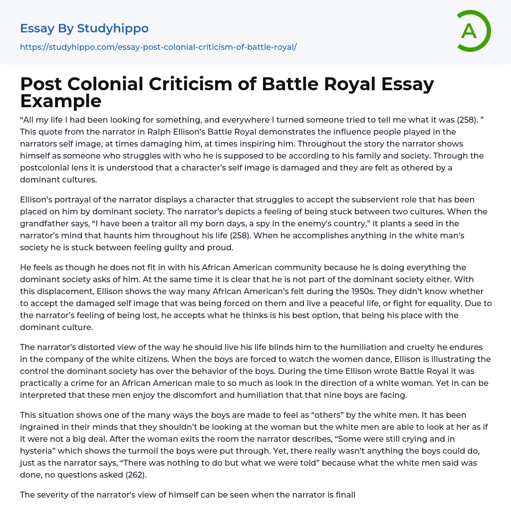 Post Colonial Criticism of Battle Royal Essay Example