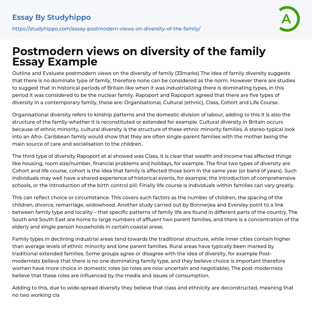 Postmodern views on diversity of the family Essay Example