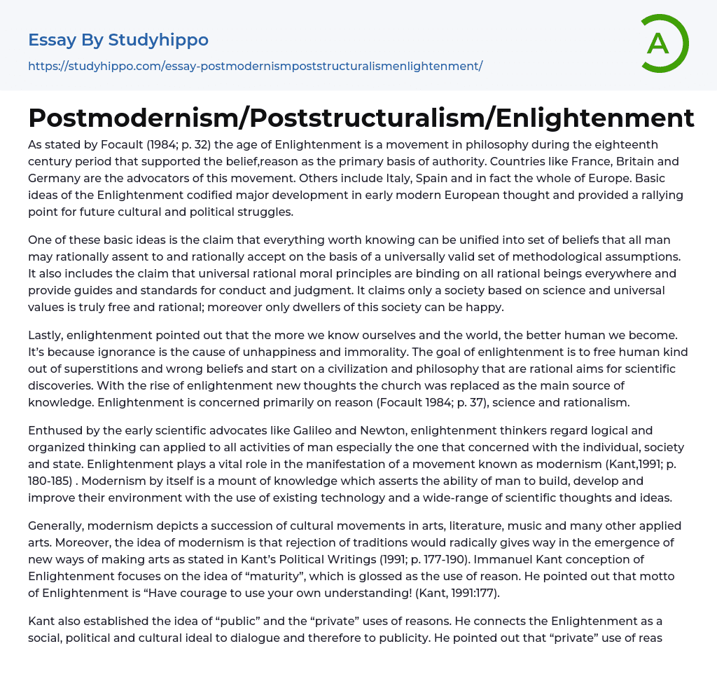 Postmodernism/Poststructuralism/Enlightenment Essay Example