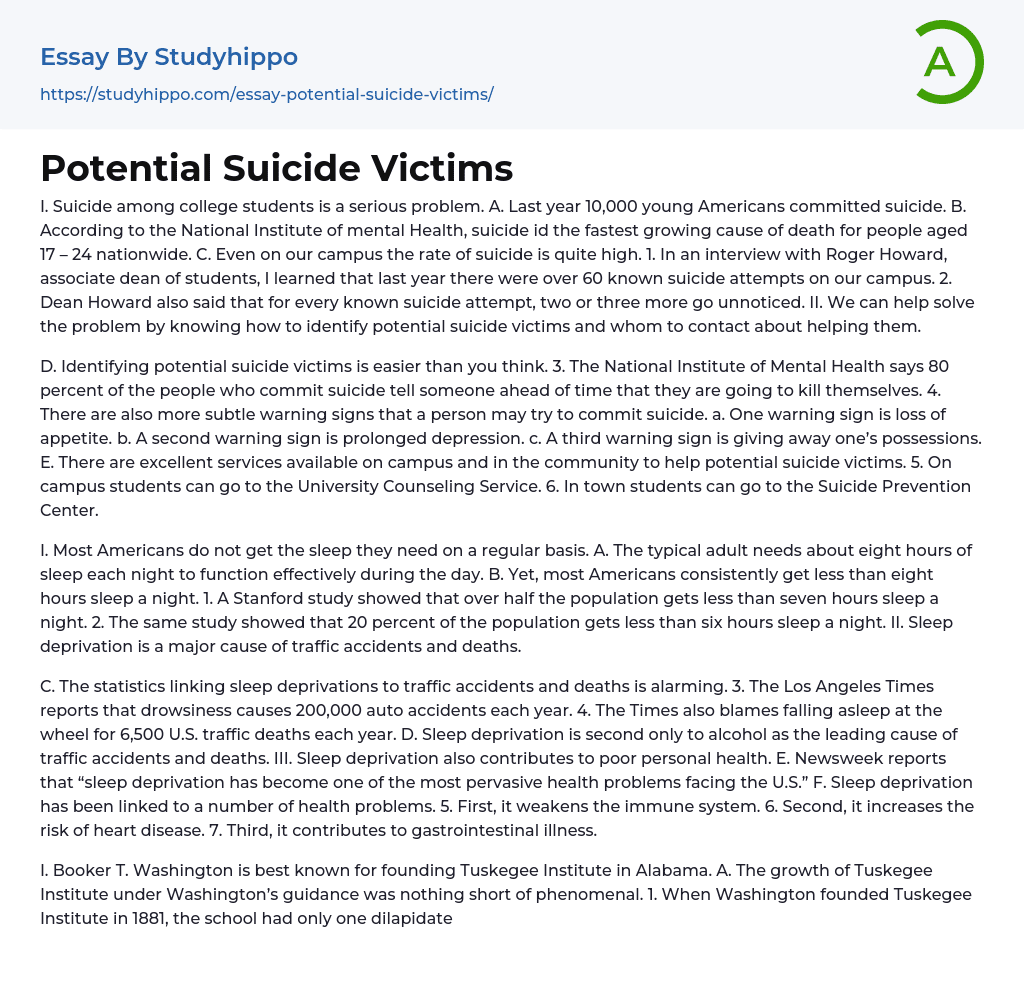 Potential Suicide Victims Essay Example