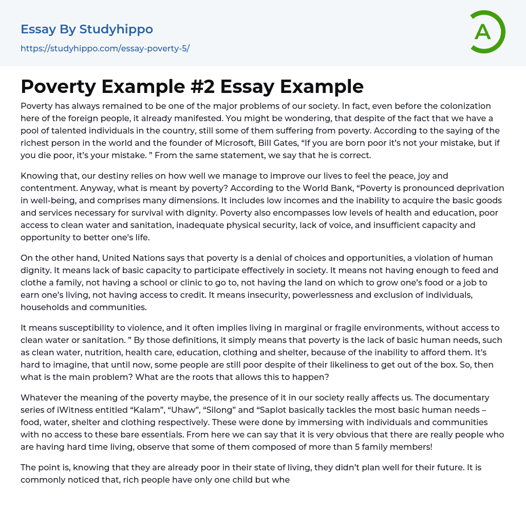 Poverty Example #2 Essay Example