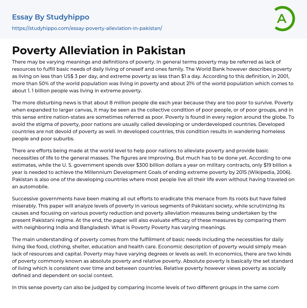 Poverty Alleviation in Pakistan Essay Example