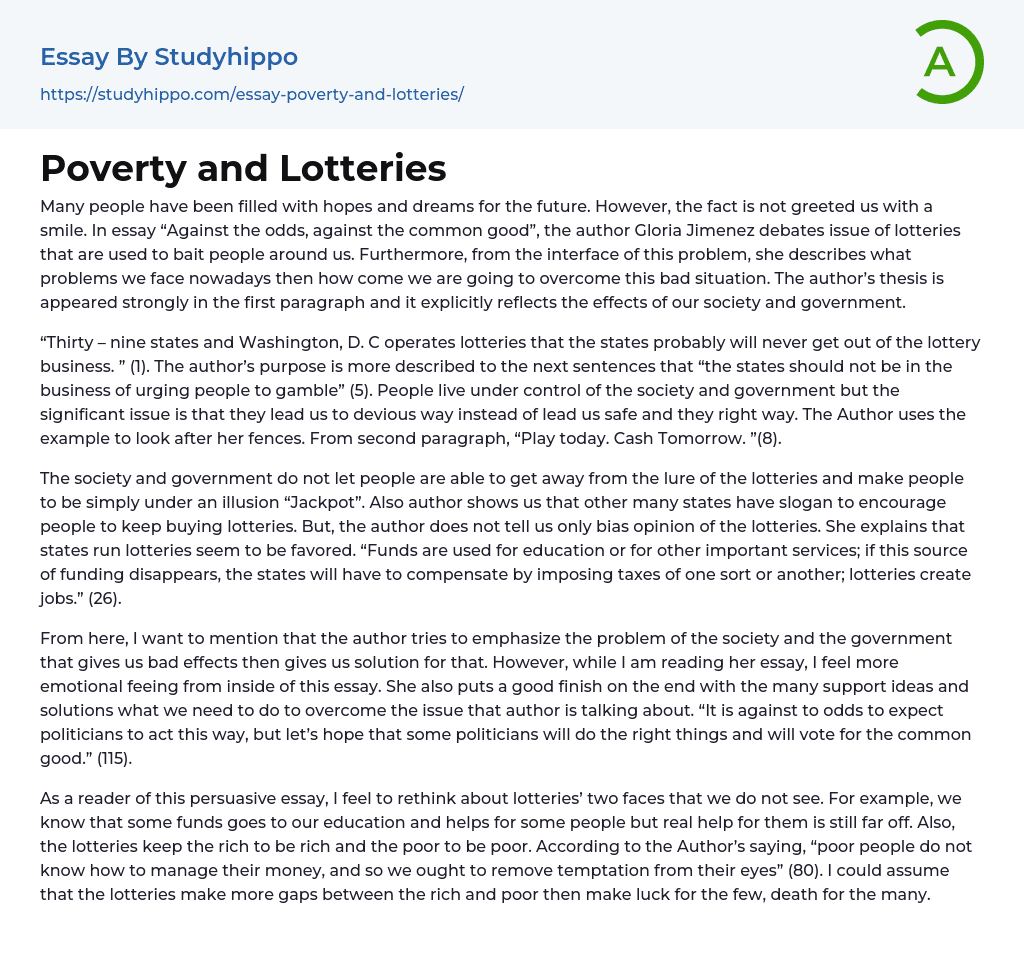 Poverty and Lotteries Essay Example