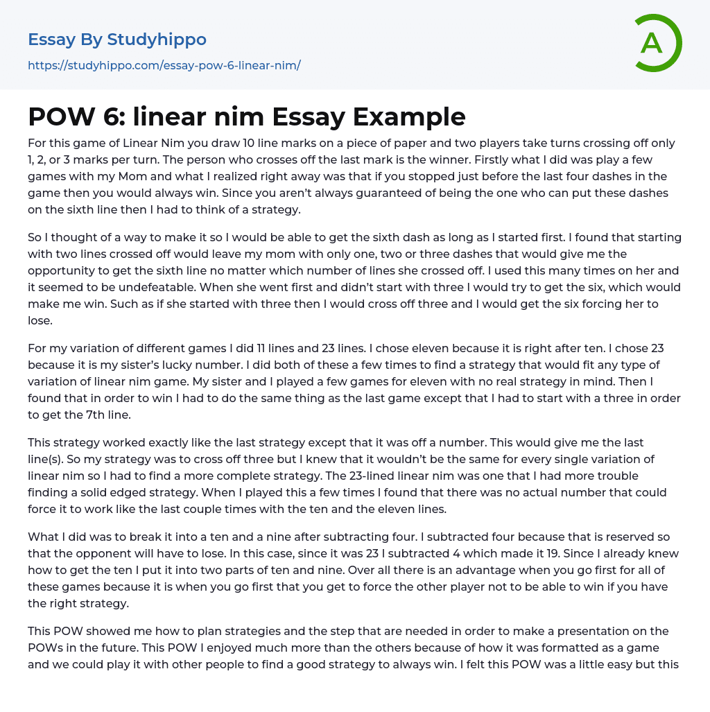 POW 6: linear nim Essay Example