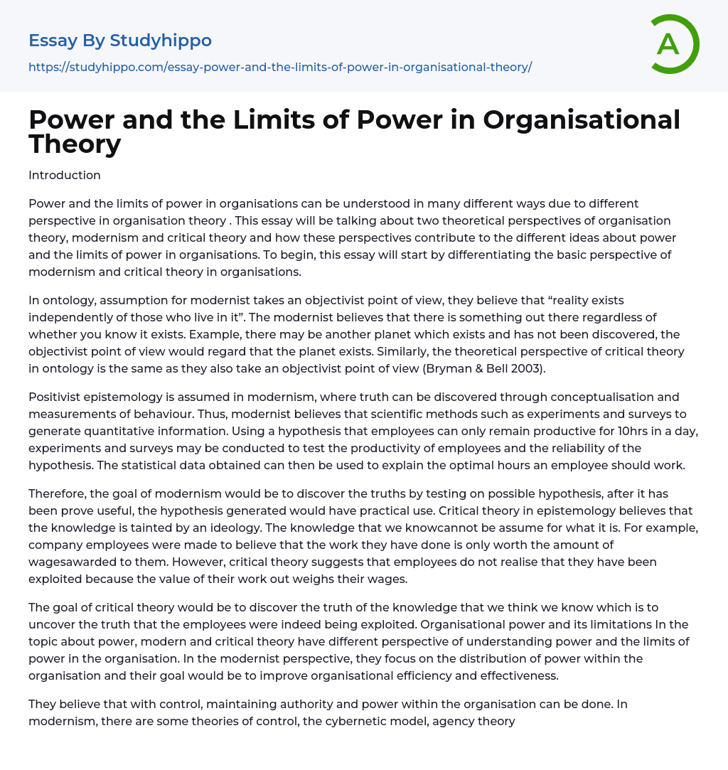 Power and the Limits of Power in Organisational Theory Essay Example
