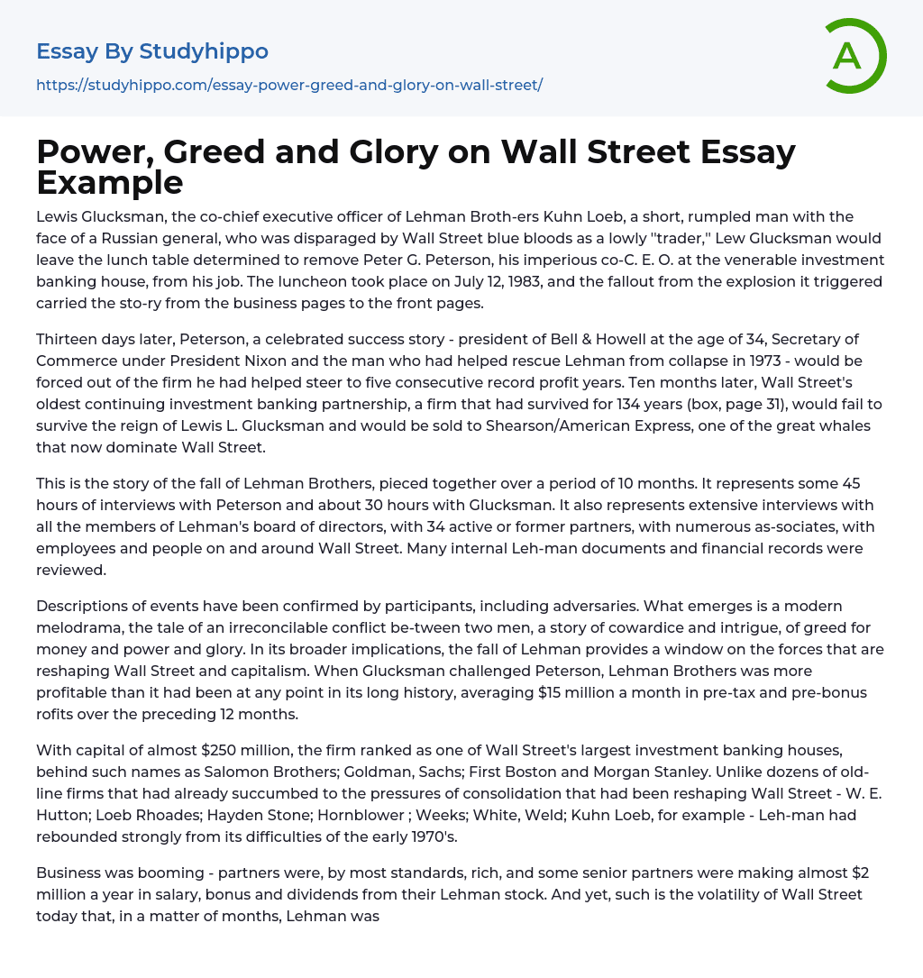 Power, Greed and Glory on Wall Street Essay Example