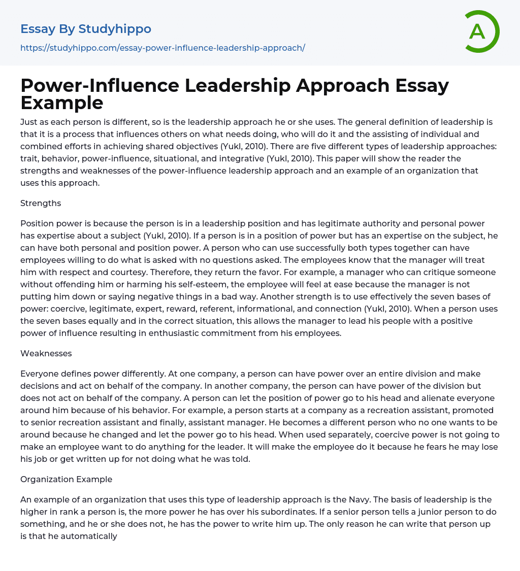 Power Influence Leadership Approach Essay Example StudyHippo