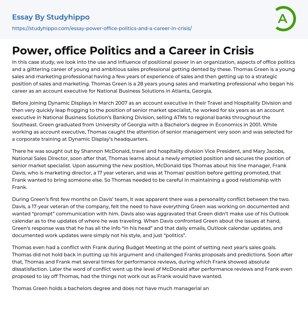 Power, office Politics and a Career in Crisis Essay Example