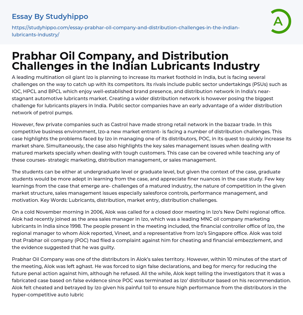 Prabhar Oil Company, and Distribution Challenges in the Indian Lubricants Industry Essay Example