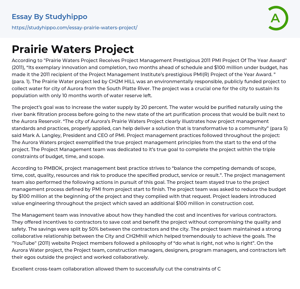 Prairie Waters Project Essay Example