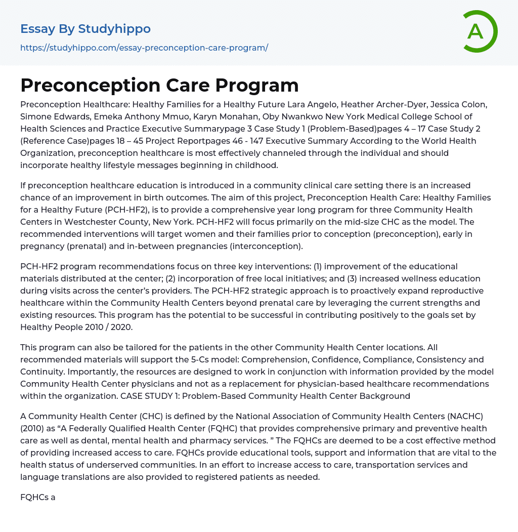 Preconception Care Program Essay Example