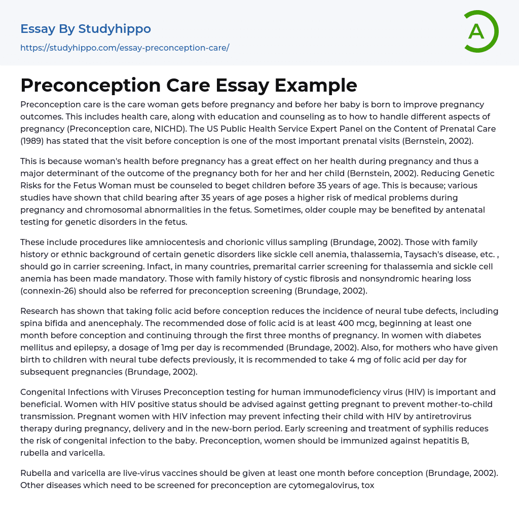 Preconception Care Essay Example