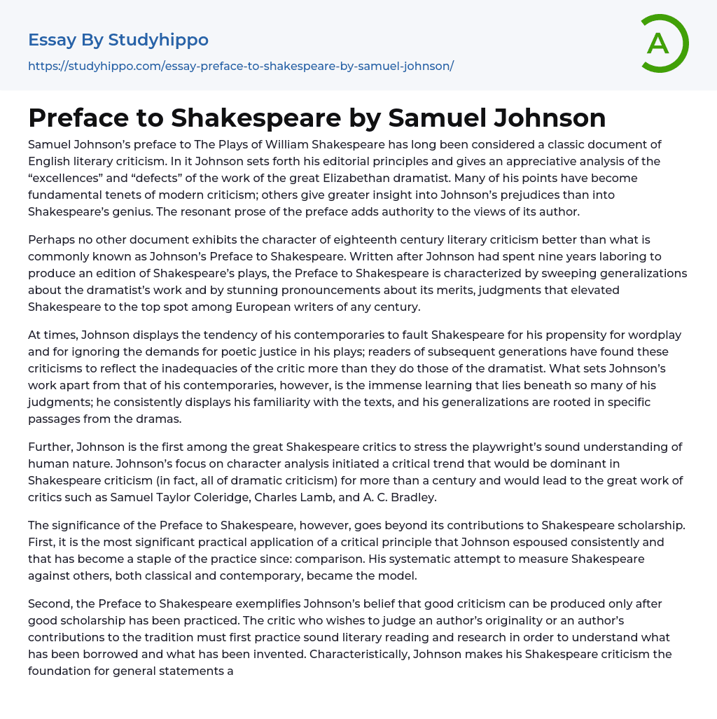 Preface to Shakespeare by Samuel Johnson Essay Example