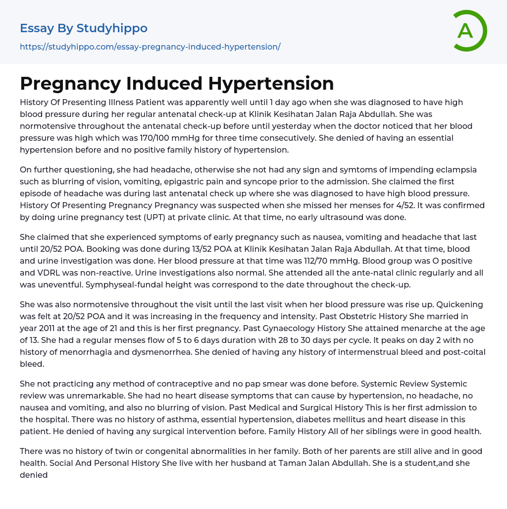 Pregnancy Induced Hypertension Essay Example