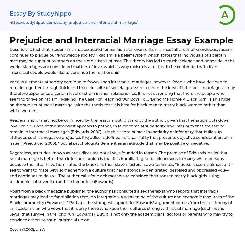 Prejudice and Interracial Marriage Essay Example