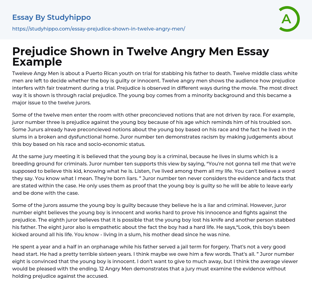 Prejudice Shown in Twelve Angry Men Essay Example