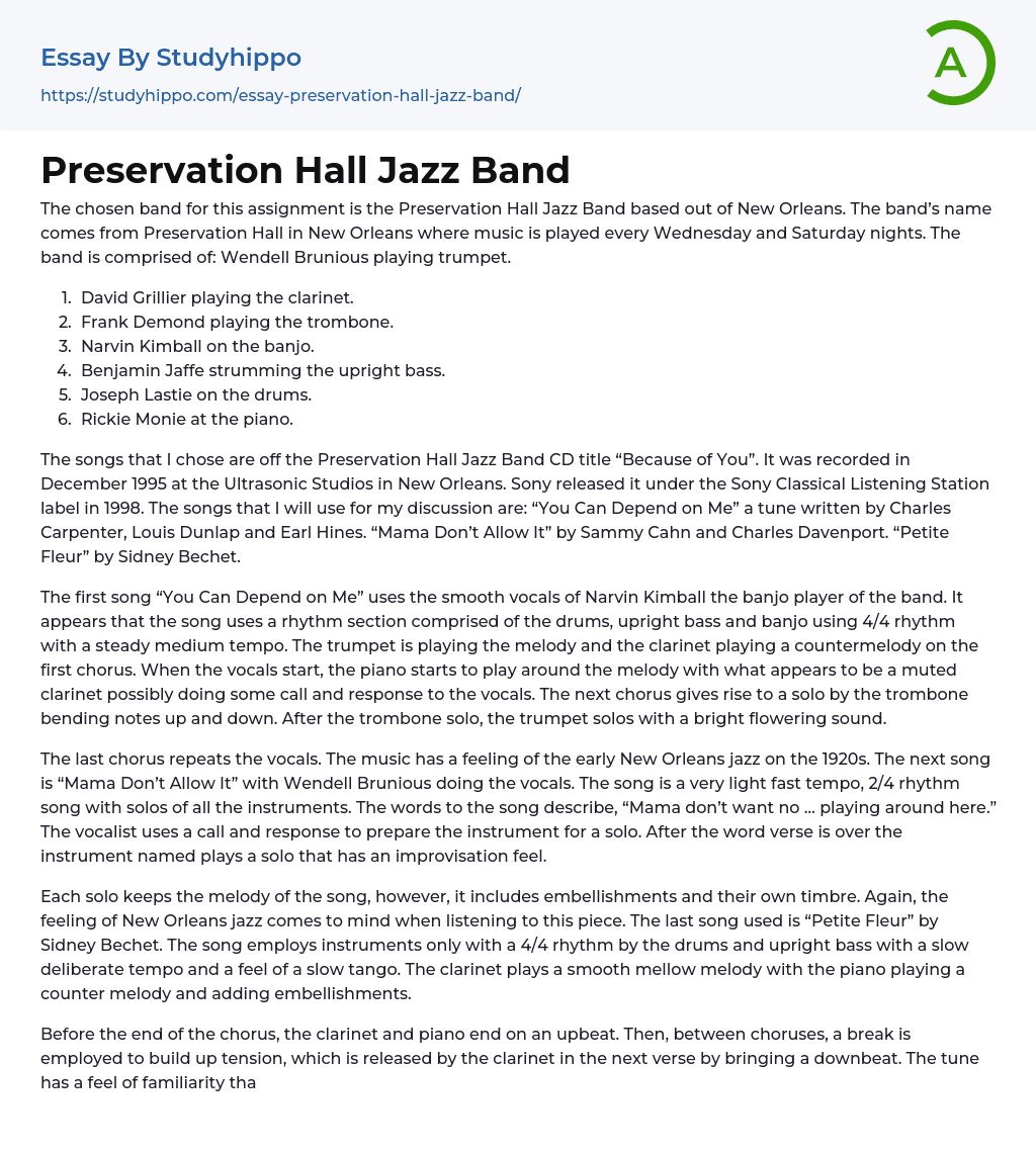 Preservation Hall Jazz Band Essay Example
